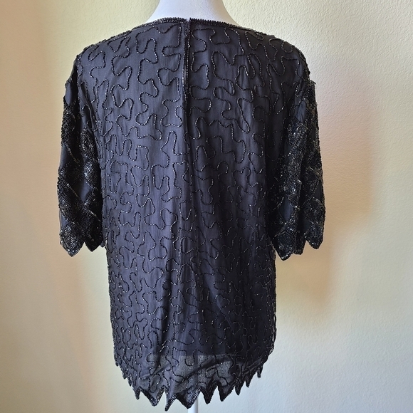 Laurence Kazar Silk Blouse Large Black‎ Lined Embellished Beaded Short Sleeve - Picture 7 of 12